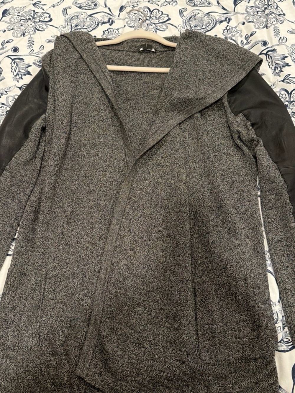 Theory Gray Hooded Cardigan with Black Faux Leather Sleeves